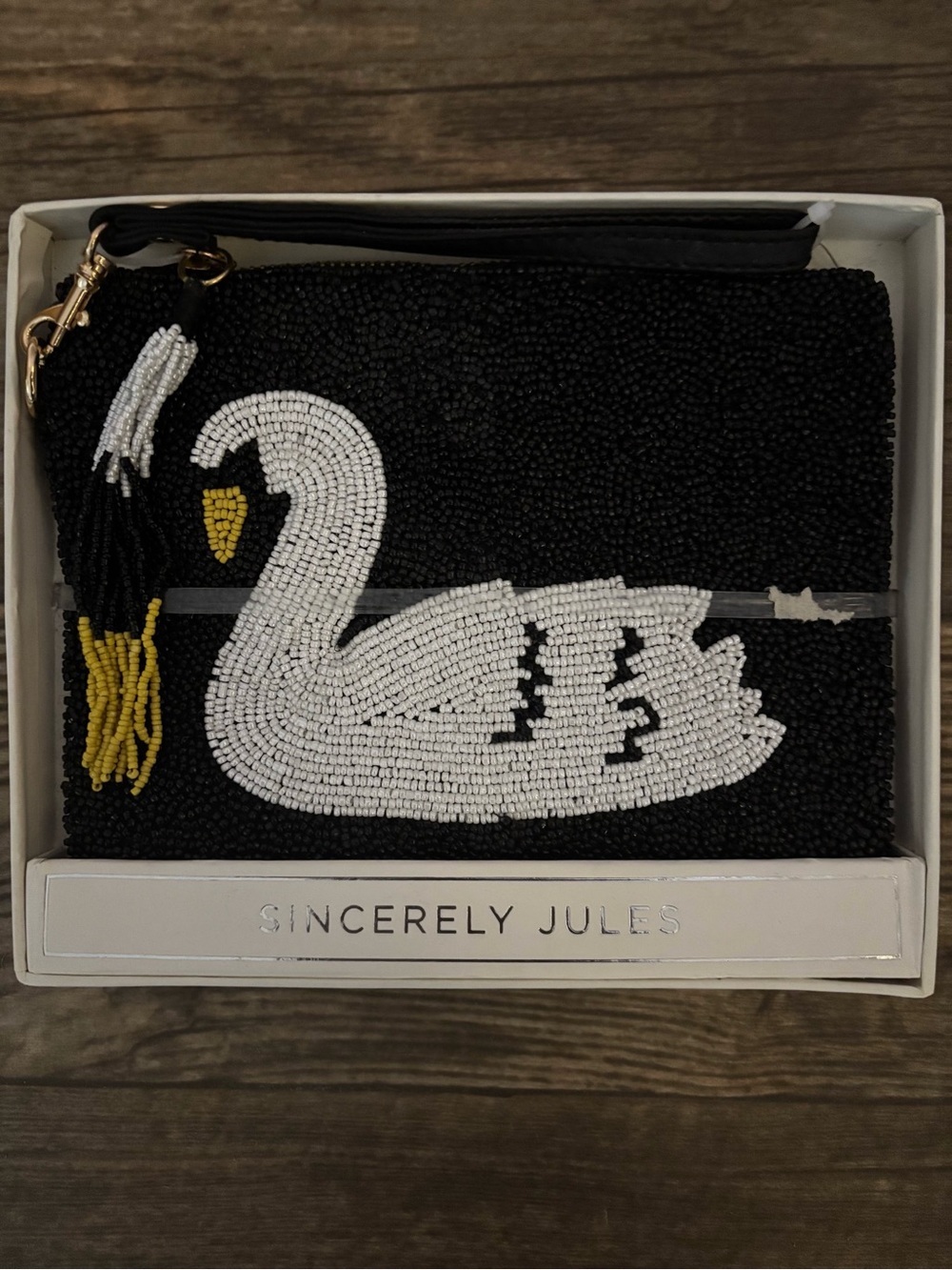 Sincerely Jules Black Beaded Wristlet with White Swan and Yellow Accent